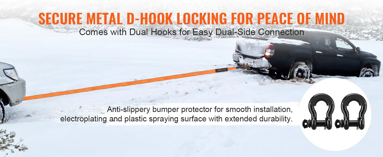 VEVOR off-road recovery kit: dual hooks, d-hook locking, towing truck on snowy terrain.