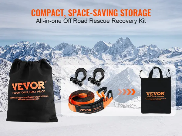 VEVOR off-road recovery kit with storage bag, d-rings, and tow strap on a snowy mountain background.