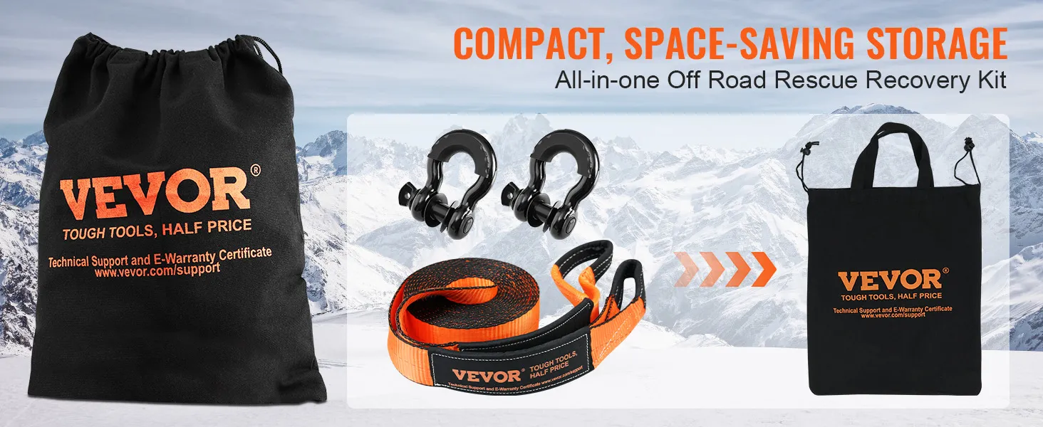 VEVOR off-road recovery kit with storage bag, d-rings, and tow strap on a snowy mountain background.