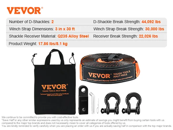 VEVOR off-road recovery kit with bag, 3x30 ft winch strap, 2 d-shackles, and q235 alloy steel receiver.