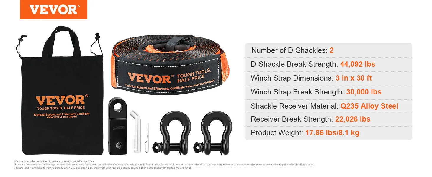 VEVOR off-road recovery kit with bag, 3x30 ft winch strap, 2 d-shackles, and q235 alloy steel receiver.