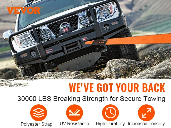 VEVOR off-road recovery kit with 30000 lbs breaking strength, polyester strap, and shackles.