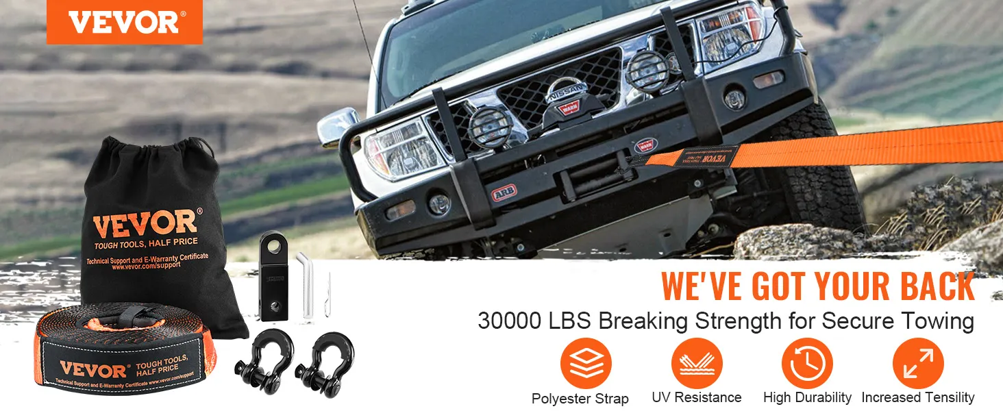 VEVOR off-road recovery kit with 30000 lbs breaking strength, polyester strap, and shackles.