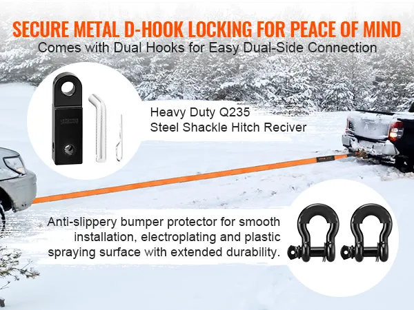VEVOR off-road recovery kit featuring secure metal d-hooks, shackle hitch receiver, and anti-slip bumper.