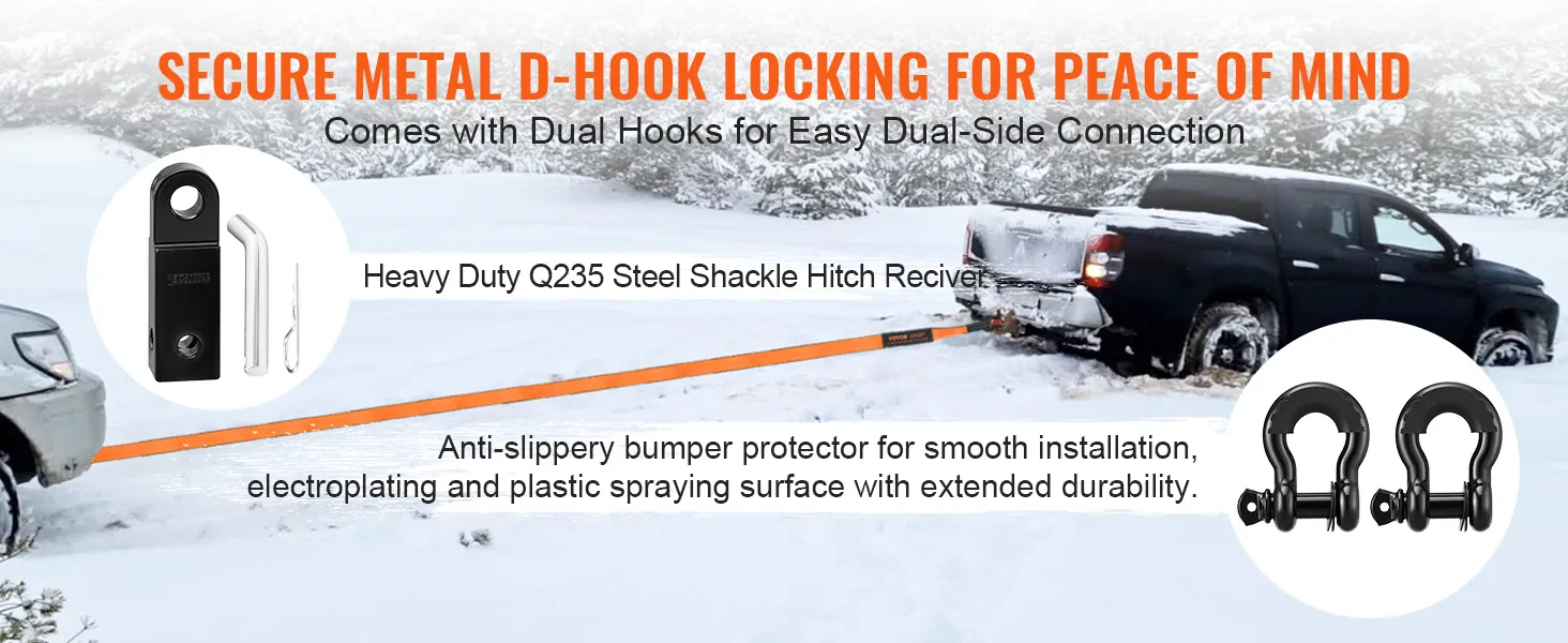 VEVOR off-road recovery kit featuring secure metal d-hooks, shackle hitch receiver, and anti-slip bumper.
