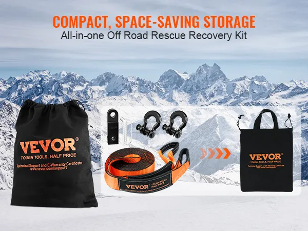 VEVOR off-road recovery kit with tools, orange strap, storage bags, and snowy mountain background.