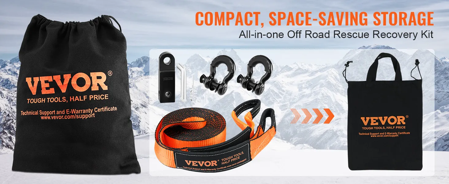 VEVOR off-road recovery kit with tools, orange strap, storage bags, and snowy mountain background.