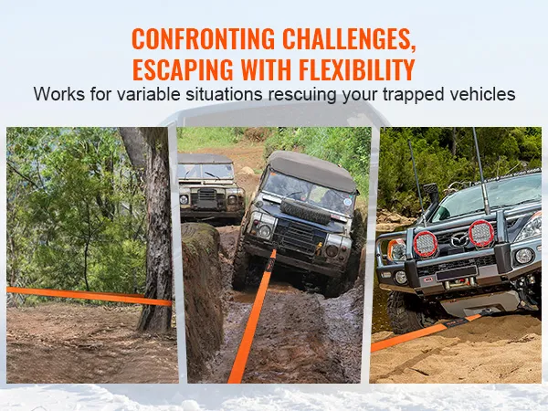 off-road vehicles using VEVOR off-road recovery kit to escape muddy, rocky, and sandy terrains.