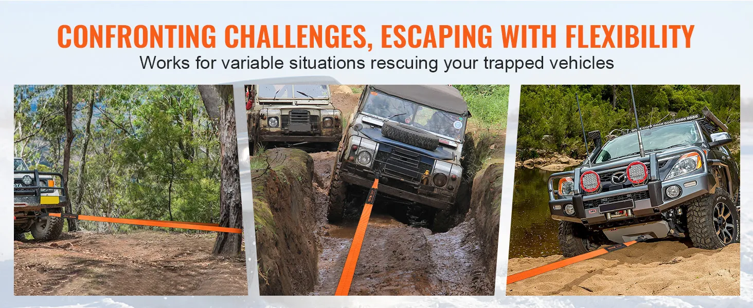 off-road vehicles using VEVOR off-road recovery kit to escape muddy, rocky, and sandy terrains.