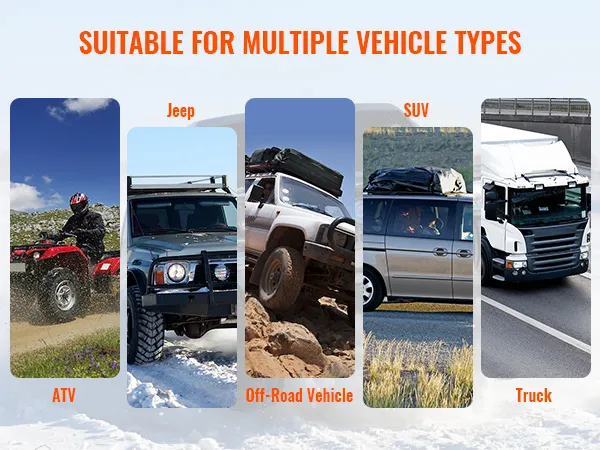 atv, jeep, off-road vehicle, suv, and truck under "suitable for multiple vehicle types" text. VEVOR off-road recovery kit.