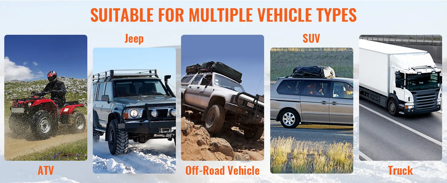 atv, jeep, off-road vehicle, suv, and truck under "suitable for multiple vehicle types" text. VEVOR off-road recovery kit.
