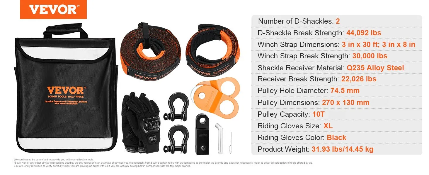 VEVOR off-road recovery kit with gloves, straps, shackles, pulley, and a carrying case.