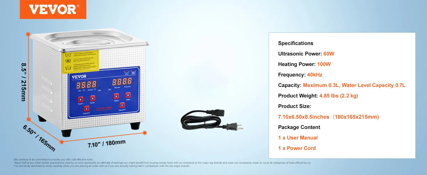 Limpiador ultrasónico VEVOR: dimensiones, especificaciones y accesorios incluidos.