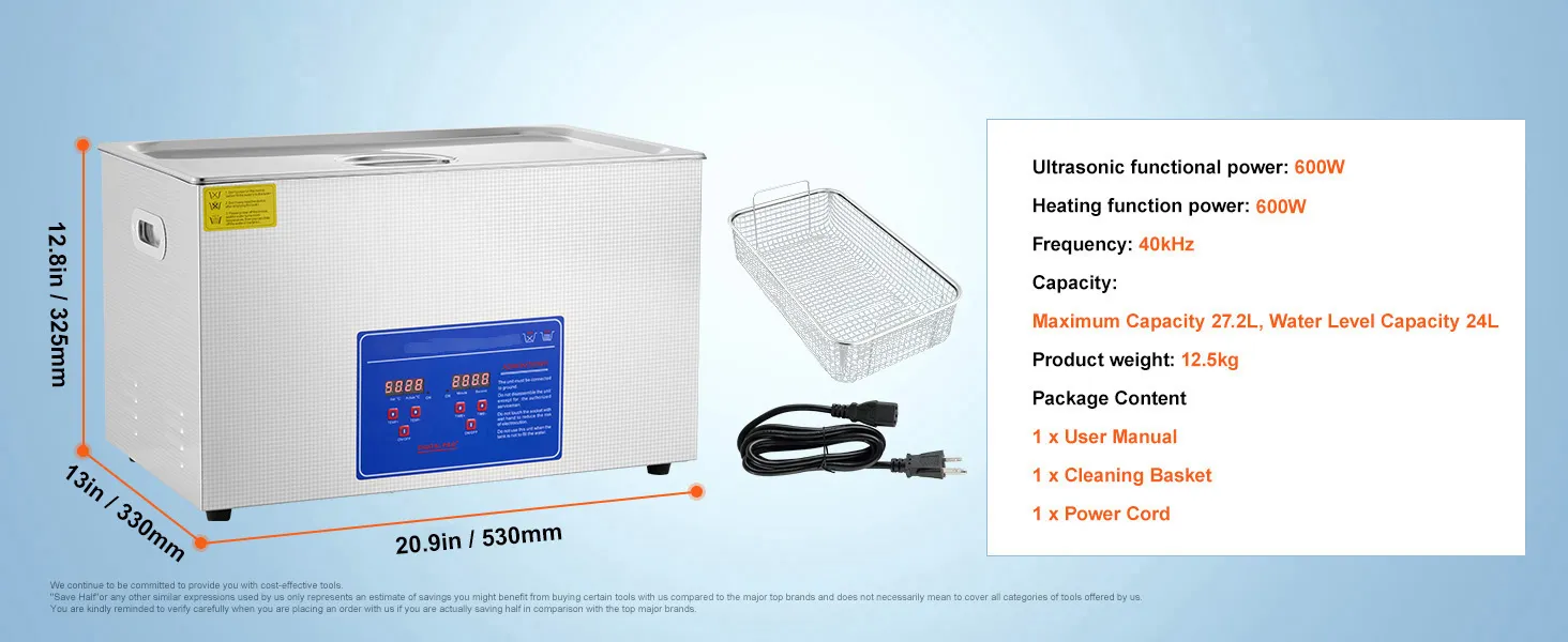 VEVOR ultrasonic cleaner 27.2l capacity, 600w power, and digital display.