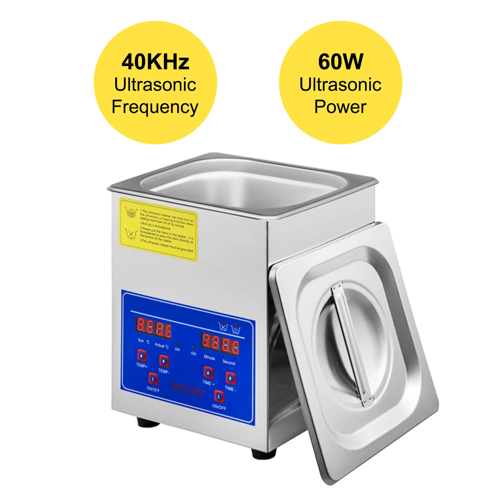 VEVOR Ultraschallreiniger mit 40 kHz Frequenz und 60 W Leistung, digitale Steuerung.