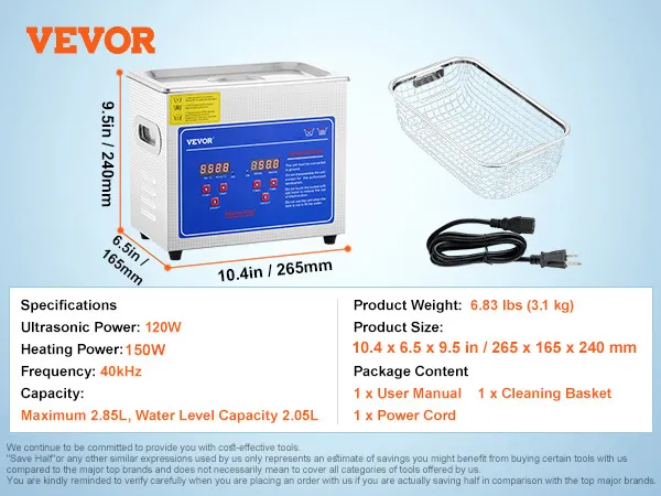 VEVOR ultrasonic cleaner with digital control panel, basket, and power cord.