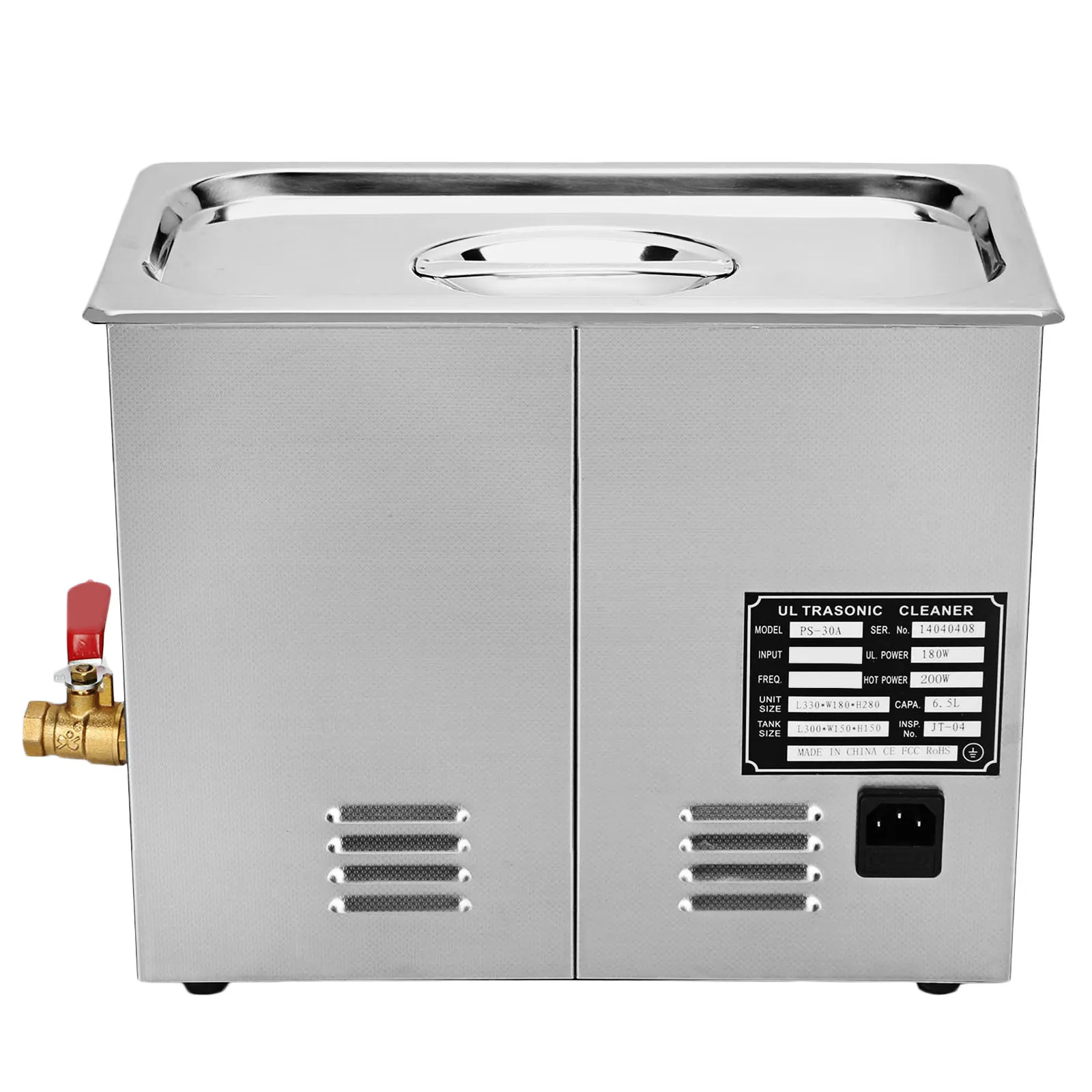 VEVOR ultrasonic cleaner, stainless steel body, red valve, black control panel.