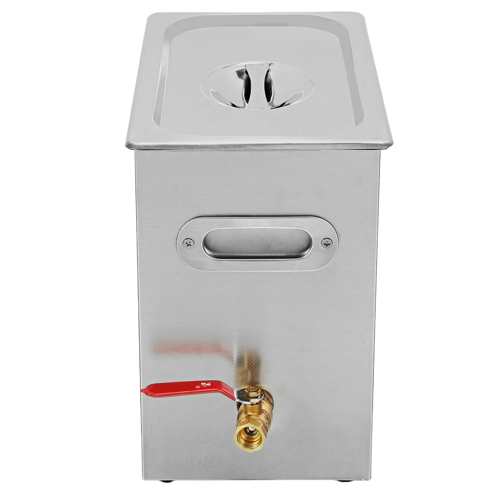 side view of VEVOR ultrasonic cleaner with a red valve and stainless steel body.