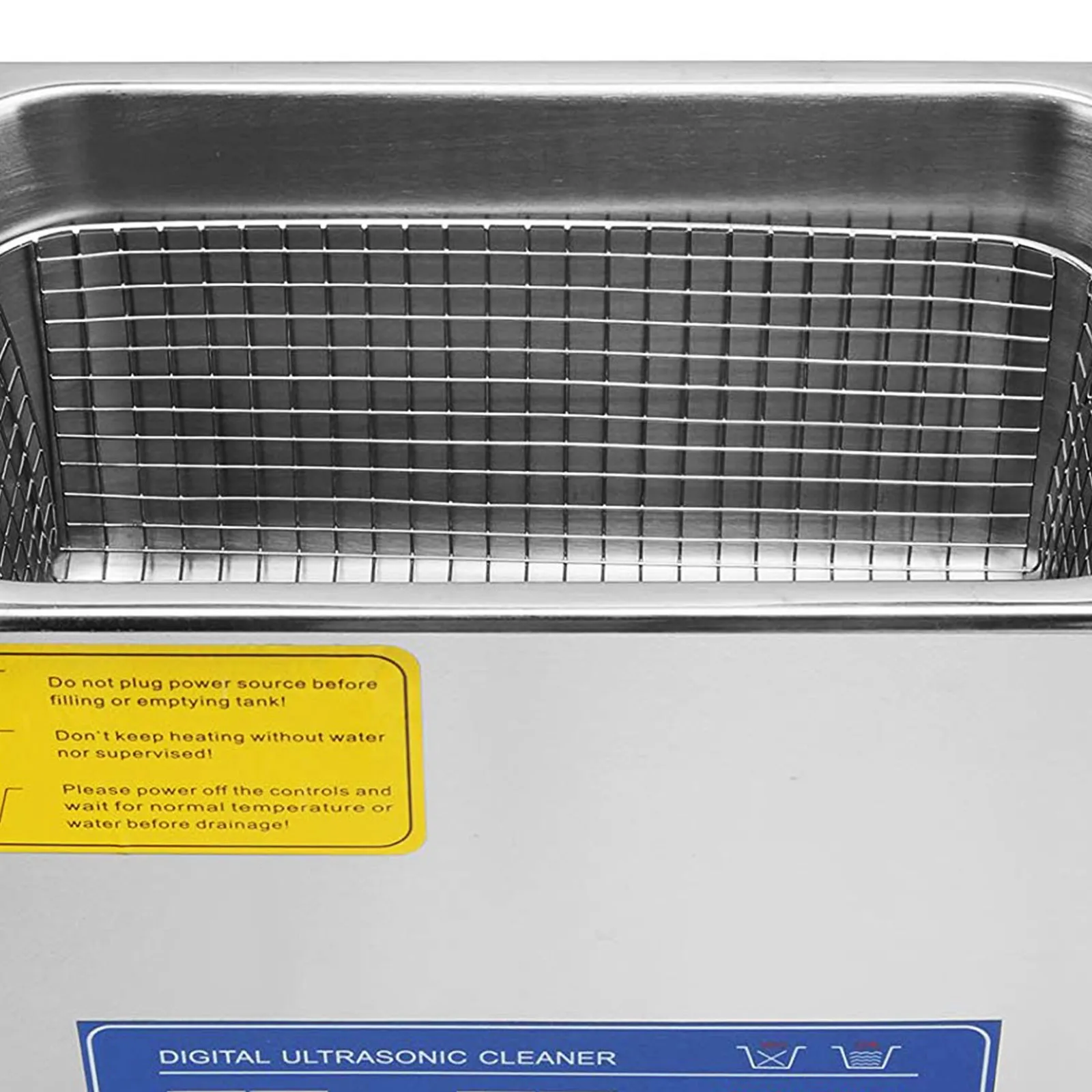 VEVOR ultrasonic cleaner with metal basket and warning label in stainless steel tank.