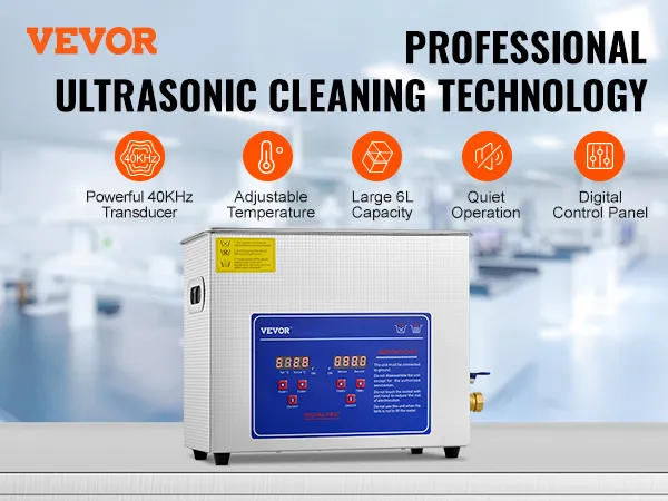 VEVOR ultrasonic cleaner with digital control panel, 6l capacity, and 40khz transducer.