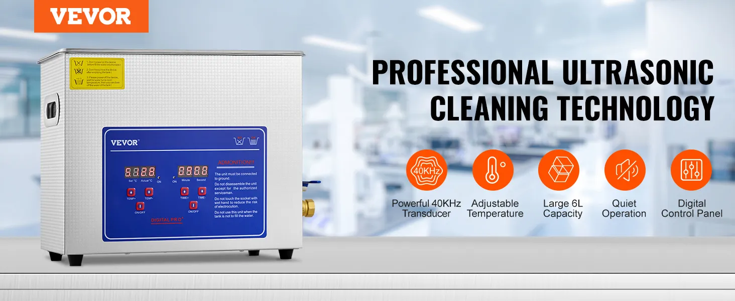 VEVOR ultrasonic cleaner with digital control panel, 6l capacity, and 40khz transducer.