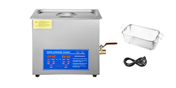 VEVOR ultrasonic cleaner with basket and power cord, featuring digital controls and stainless steel body.