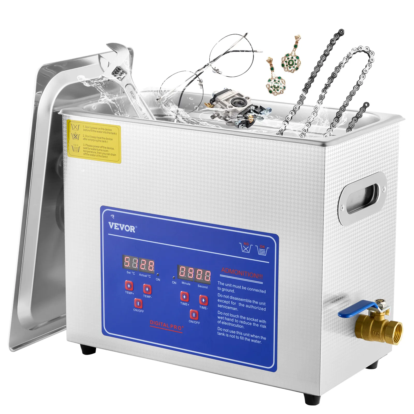 VEVOR ultrasonic cleaner with jewelry, glasses, watch, wrench, and chain.