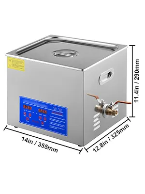 VEVOR ultrasonic cleaner with dimensions labeled: 14in x 13in x 11.2in.