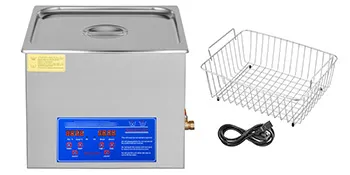 VEVOR ultrasonic cleaner with digital controls, basket, and power cord.