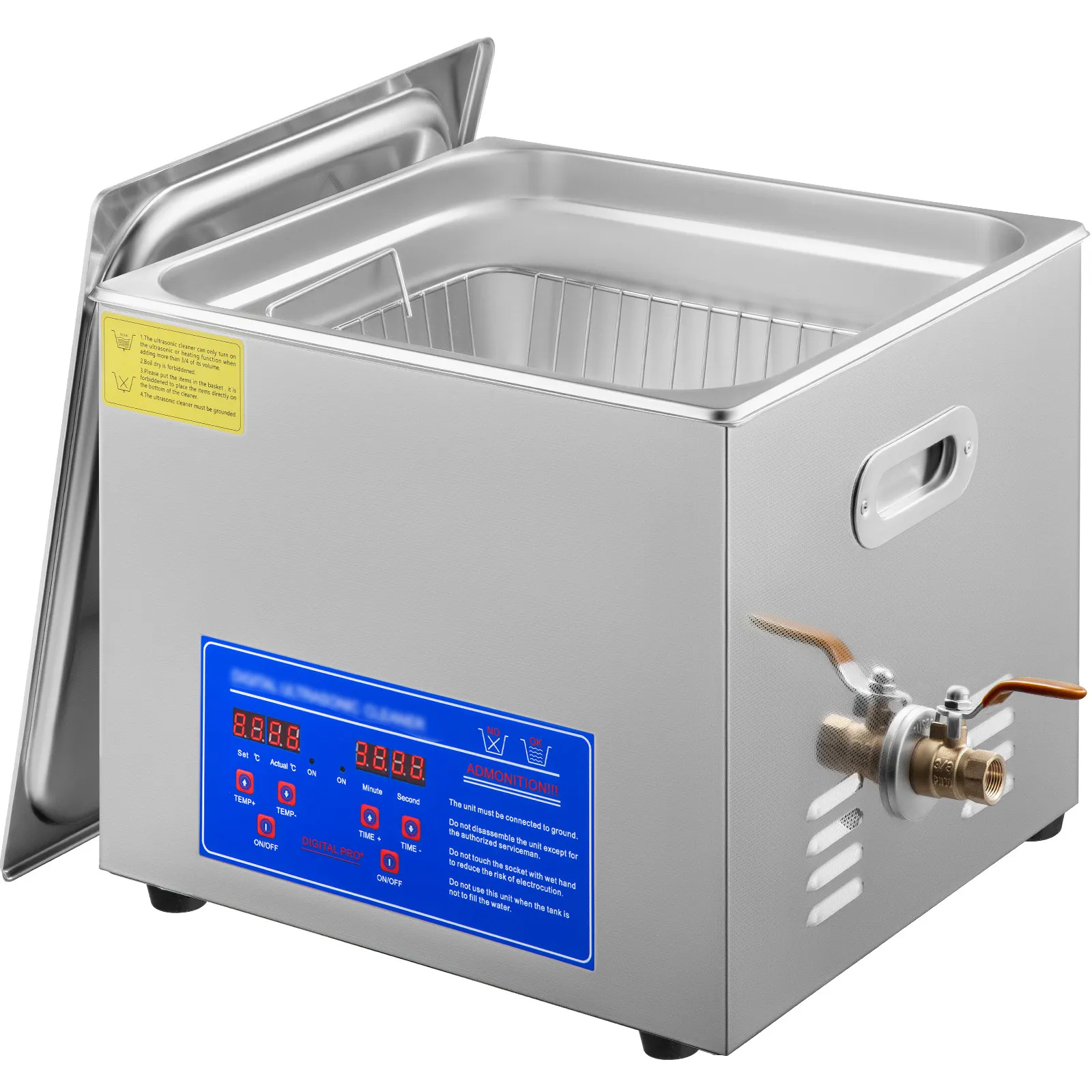 VEVOR ultrasonic cleaner with digital display, mesh basket, and drainage valve.