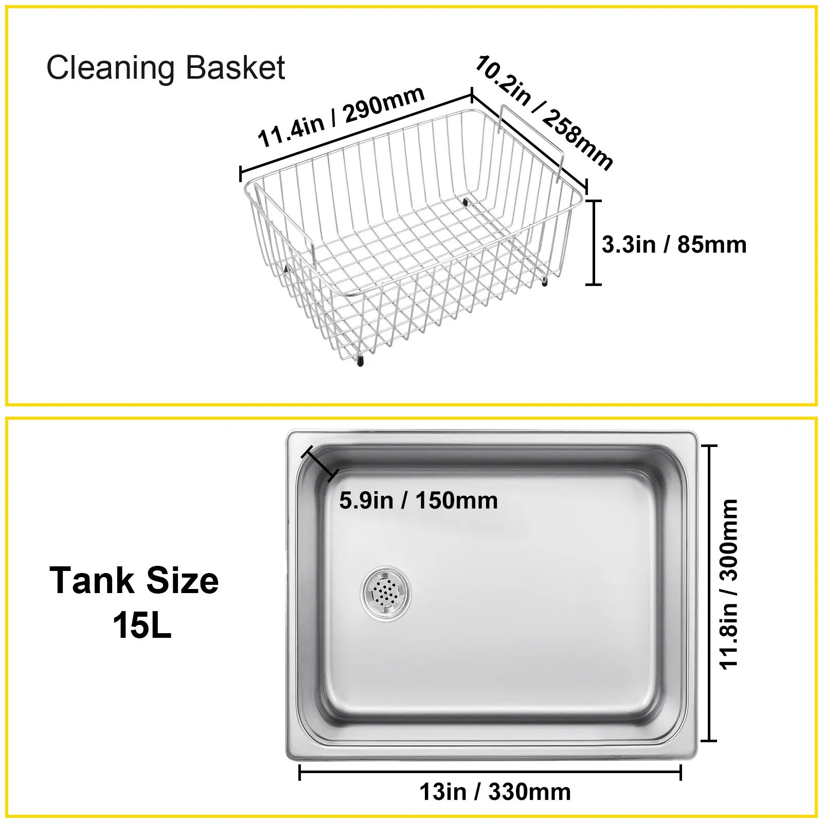 VEVOR ultrasonic cleaner cleaning basket and 15l tank dimensions.