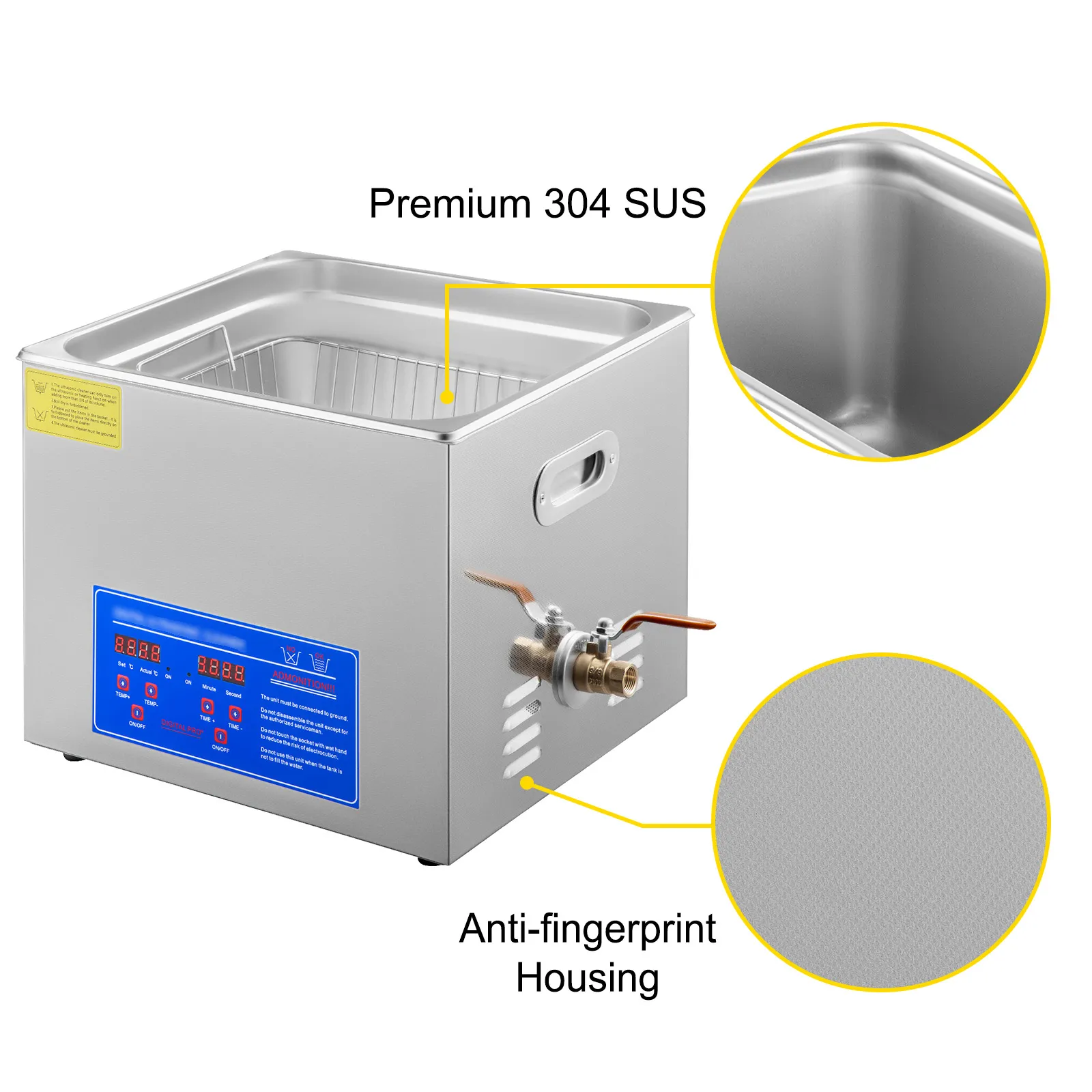 VEVOR ultrasonic cleaner with premium 304 sus and anti-fingerprint housing.