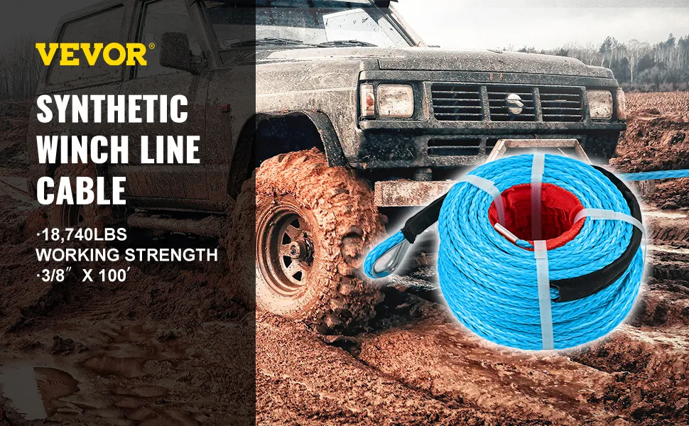 VEVOR synthetic winch rope towing a muddy off-road vehicle, 18,740lbs strength.