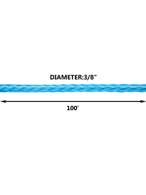 blue VEVOR synthetic winch rope, 3/8" diameter, 100' length, tightly braided.