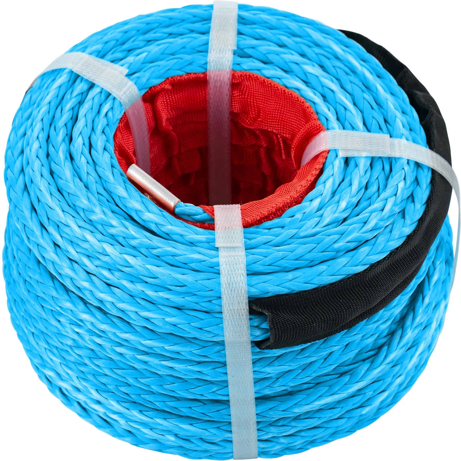 blue coiled VEVOR synthetic winch rope with red and black protective coverings.