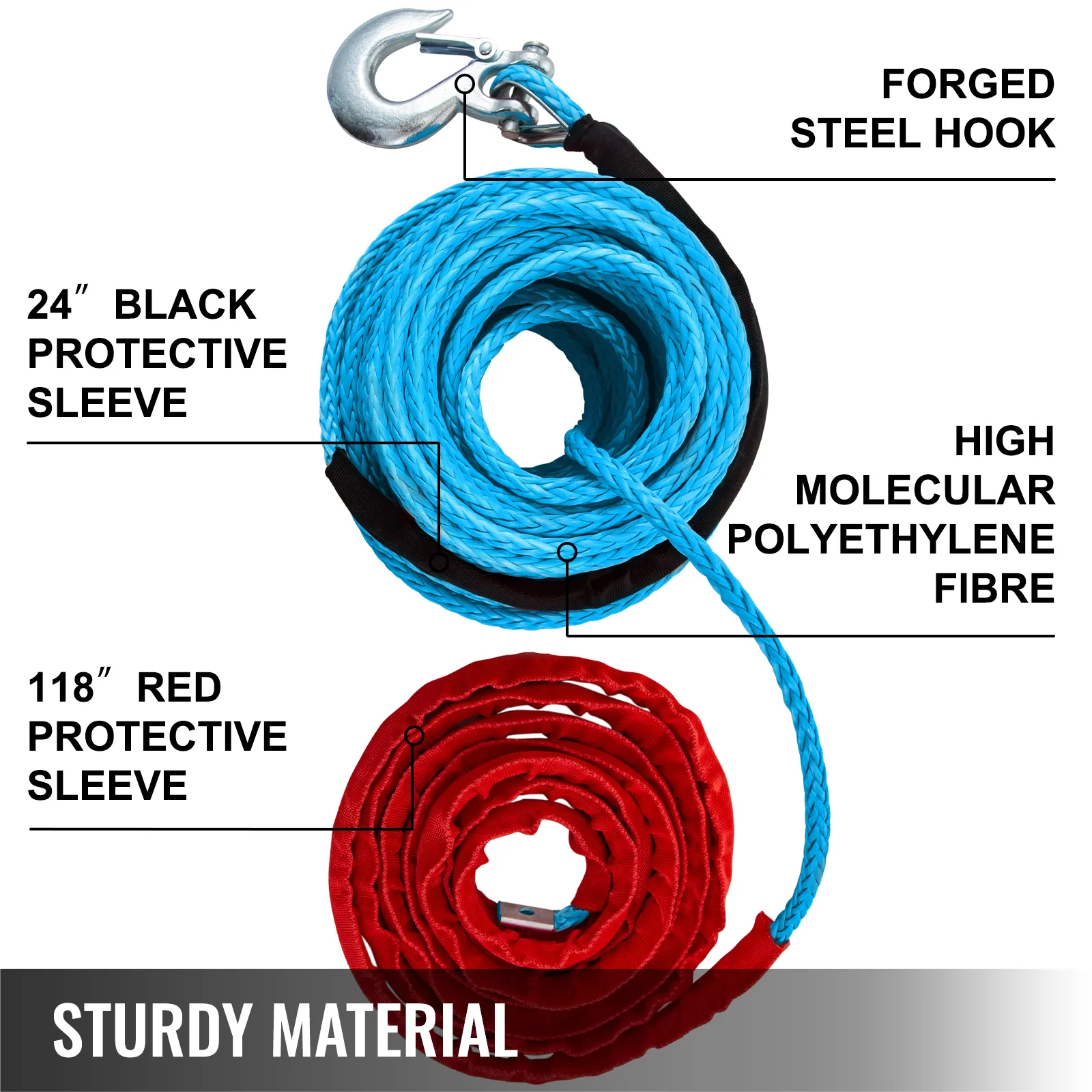 VEVOR synthetic winch rope with forged steel hook, 24" black and 118" red sleeves.