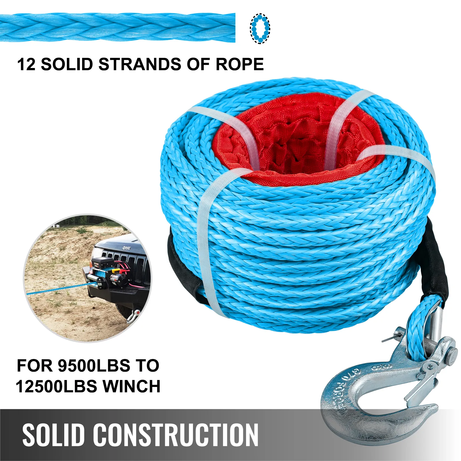 VEVOR synthetic winch rope, blue, 12 strands, for 9500lbs to 12500lbs winch.