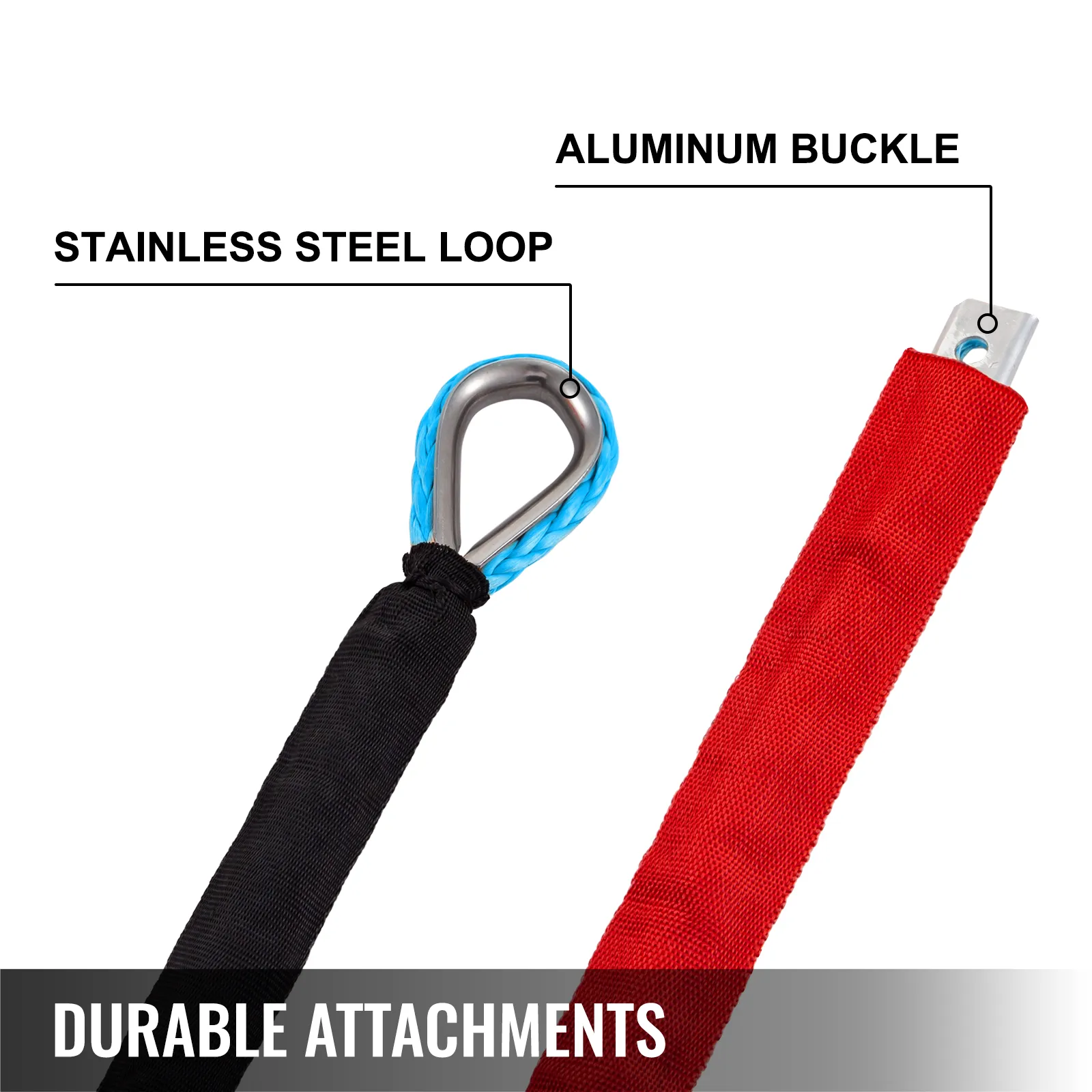 VEVOR synthetic winch rope with stainless steel loop and aluminum buckle.