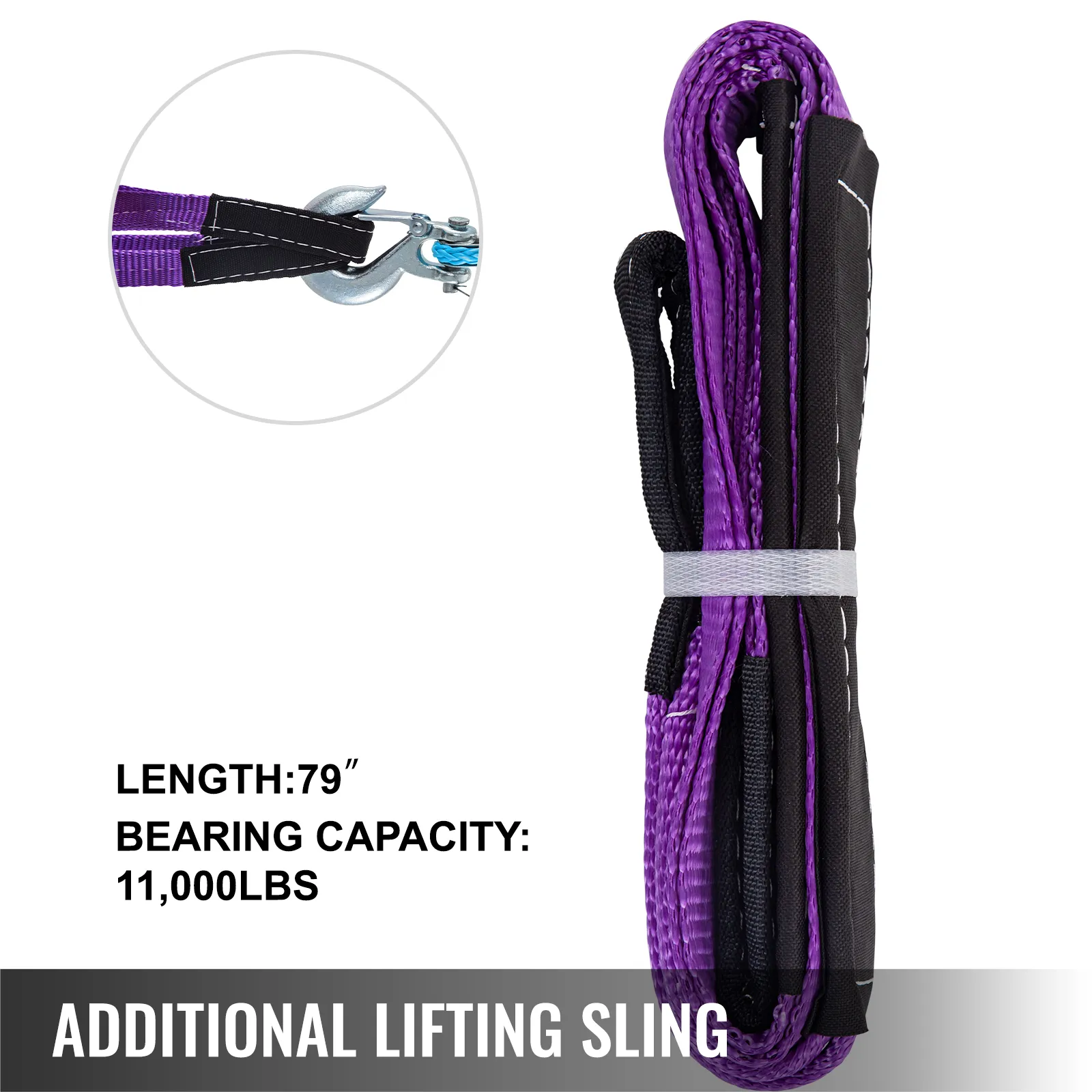 purple 79" VEVOR synthetic winch rope with 11,000 lbs capacity and metal hook.
