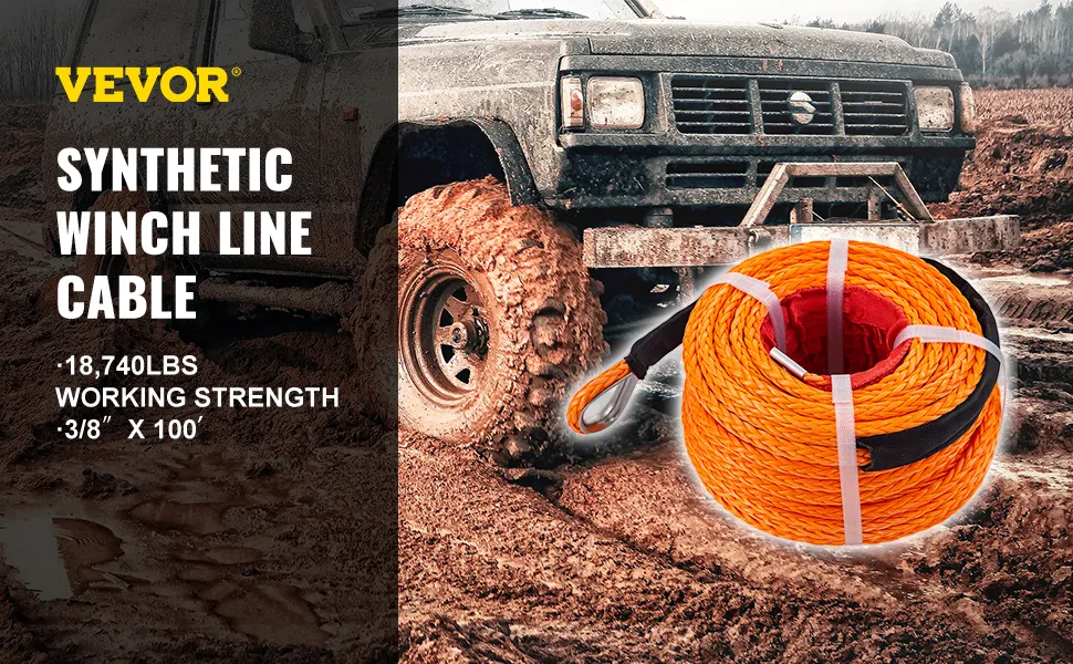 VEVOR synthetic winch rope on muddy terrain with an off-road vehicle.
