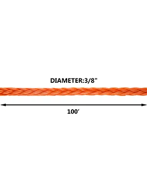 orange VEVOR synthetic winch rope with a diameter of 3/8 inches and length of 100 feet.