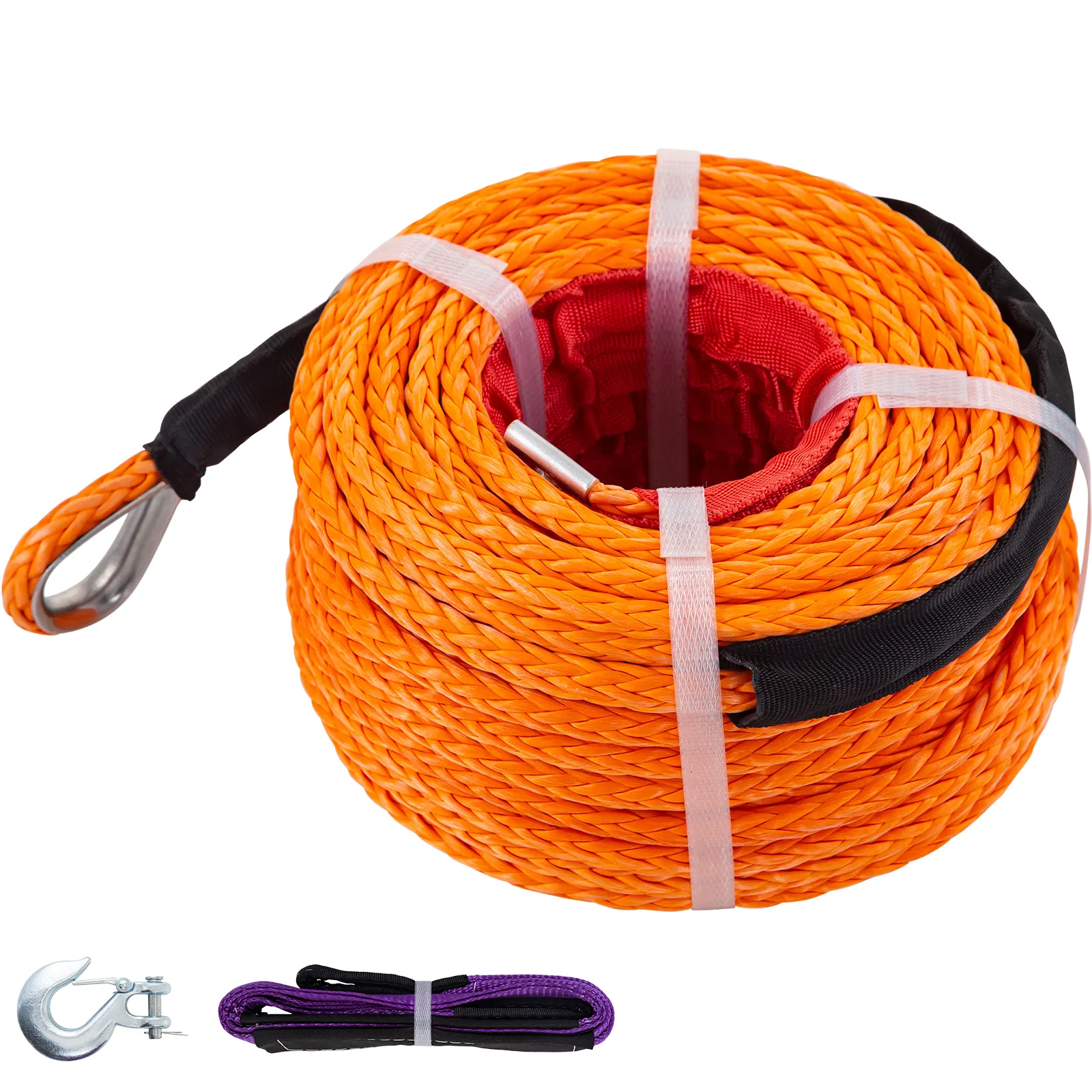orange VEVOR synthetic winch rope with metal hook and black strap.