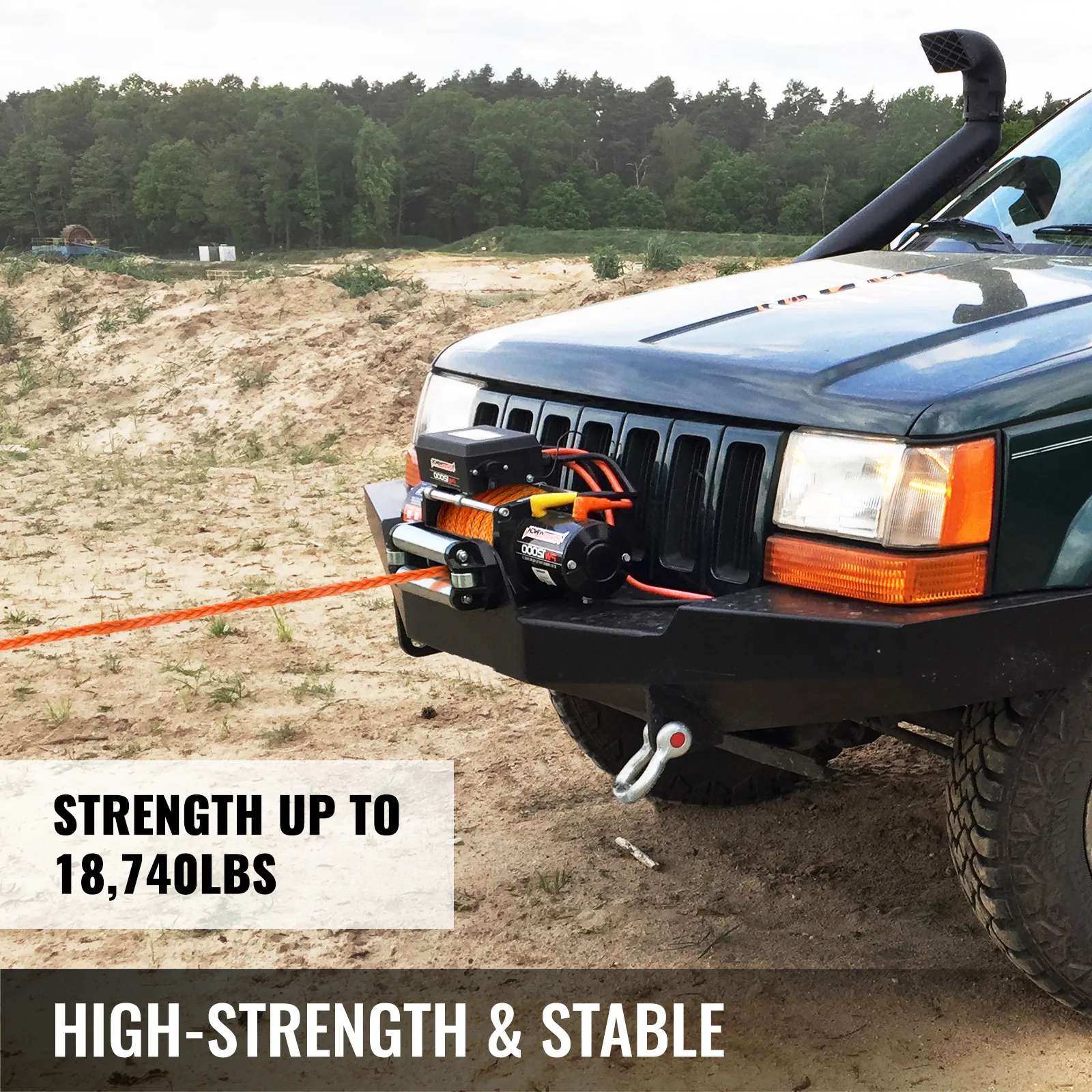 VEVOR synthetic winch rope mounted on a green suv, rated for 18,740 lbs towing.