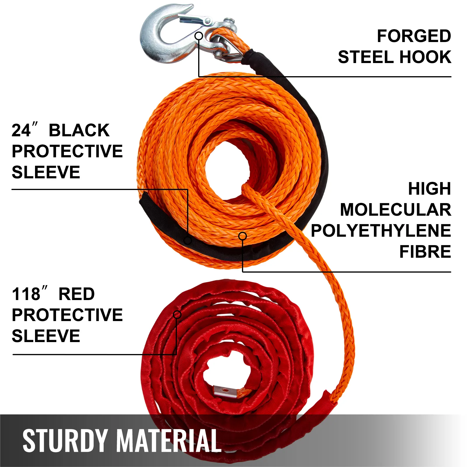 VEVOR synthetic winch rope with forged steel hook and protective sleeves, sturdy material.