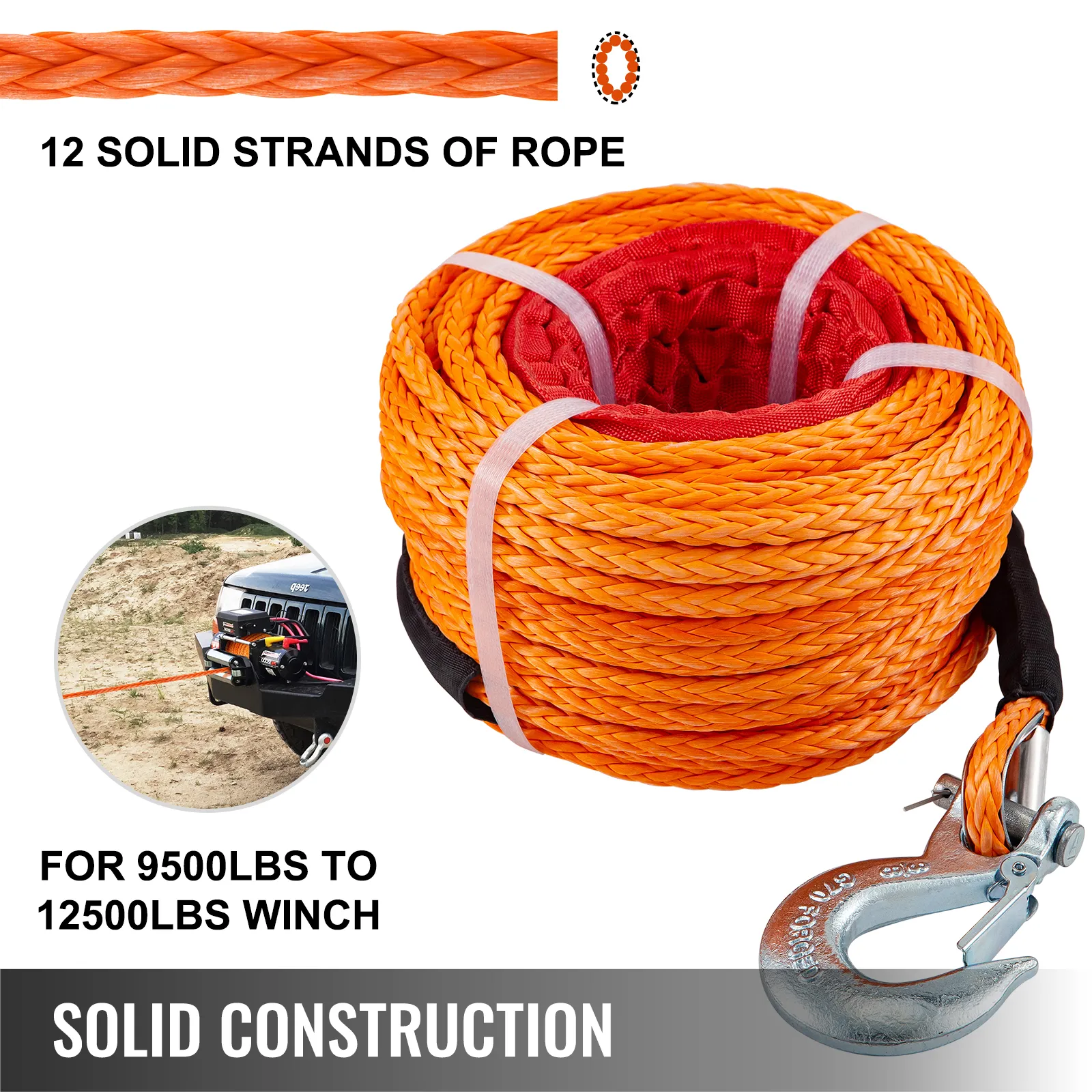 VEVOR synthetic winch rope with hook, 9500lbs to 12500lbs capacity, 12 strands.
