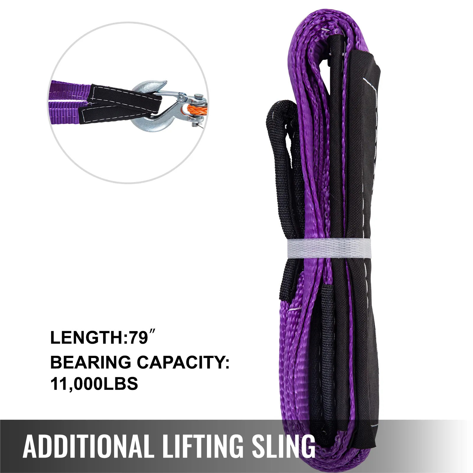 VEVOR synthetic winch rope, 79", 11,000 lbs capacity, purple with hook detail.