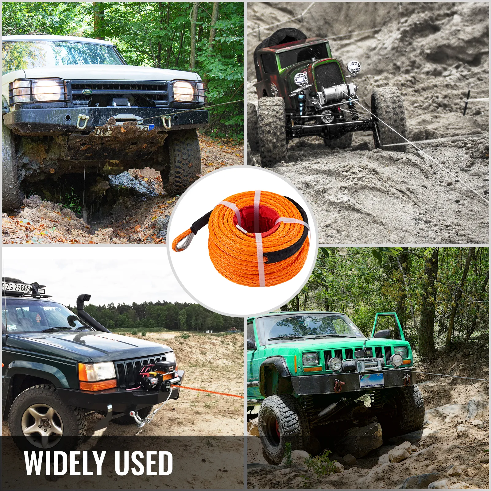 VEVOR synthetic winch rope pulling off-road vehicles through mud and rough terrain. widely used.