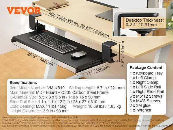 VEVOR keyboard tray is installed on a desk, showing measurements and specifications.