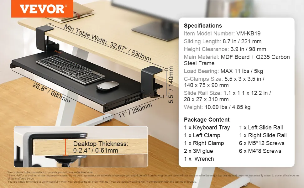 VEVOR keyboard tray is installed on a desk, showing measurements and specifications.