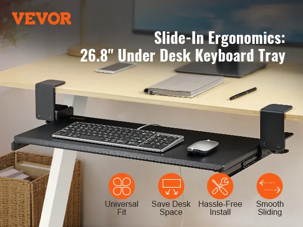 VEVOR keyboard tray: under desk, 26.8", ergonomic, universal fit, space-saving, easy install, smooth sliding